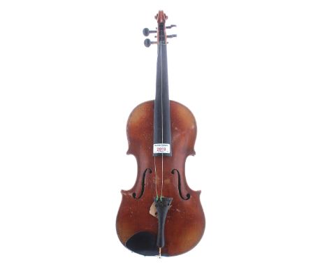 20th Century violin labelled Joseph Guarnerius..., 14 3/16", 36 cm, with 4 various nickel mounted violin bows, one stamped A.