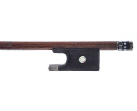 Silver mounted violin bow, unstamped, the stick round, the ebony frog inlaid with silver rings enclosing pearl eyes and the e