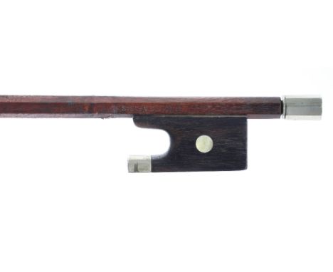 Nickel mounted violin bow stamped Jh. Voirin á Paris, the stick round, the ebony frog inlaid with pearl eyes and with a silve