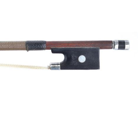 French silver mounted violin bow by and stamped Louis Bazin, the stick round, the ebony frog inlaid with pearl eyes and the e