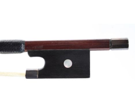 Good English silver mounted violin bow by W.E. Hill &amp; Sons, stamped Hill, the stick round, the ebony frog inlaid with pea