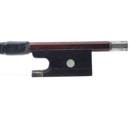 English silver mounted violin bow by W.E. Hill &amp; Sons stamped Hill, the stick round, the ebony frog inlaid with pearl eye