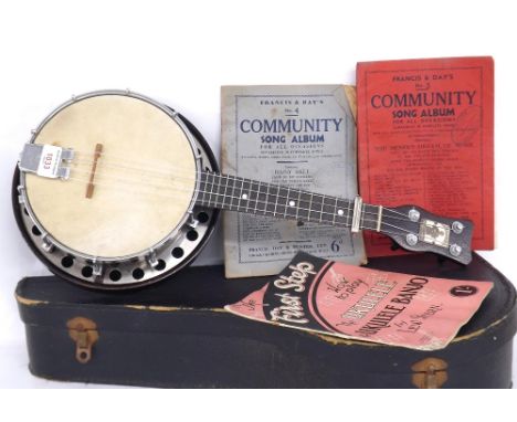 Interesting old ukulele banjo with rectangular trademark metal plate to the head inscribed Harold Walden 'Only Me Knows Why',