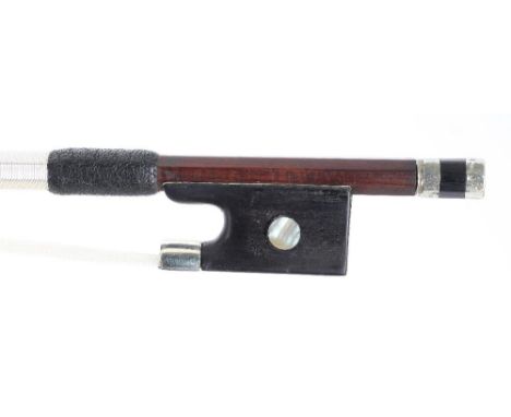 Nickel mounted violin bow of the Simon School, the stick round, the ebony frog inlaid with large pearl eyes and the ebony adj