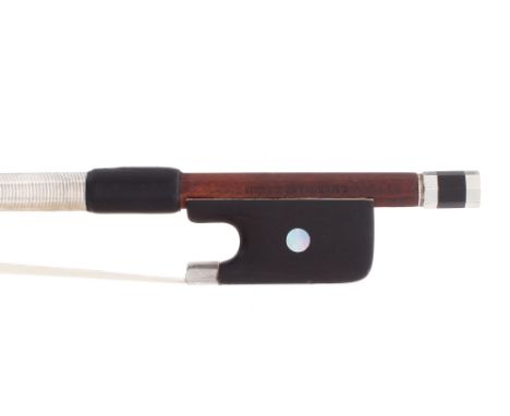 French silver mounted violoncello bow by and stamped E. Marchand á Paris, the stick round, the ebony frog inlaid with pearl e