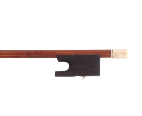 Old French violin bow of the Simon School, the stick round, the ebony frog plain and with a bone adjuster, 52.5gm (without ha