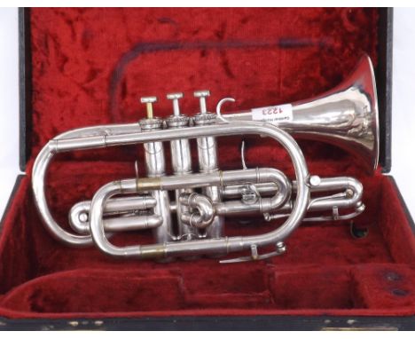 Boosey &amp; Hawkes silver plated Bb Sovereign cornet with Globe logo, case