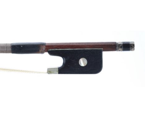 Old silver and nickel mounted violoncello bow, the stick round, the ebony frog inlaid with pearl eyes and with nickel ferrule