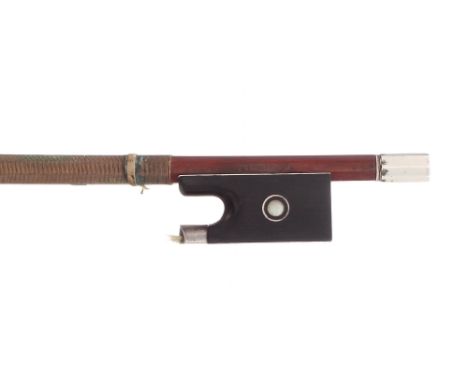 French silver mounted violin bow probably by and stamped C. Thomassin á Paris, the stick round, the ebony frog inlaid with si