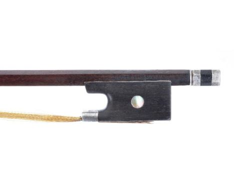 Nickel mounted violin bow stamped P. Blanchard de Lyon, the stick round, the ebony frog inlaid with pearl eyes and the ebony 