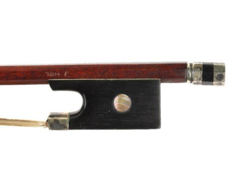 French silver mounted violin bow, probably by Charles Nicolas Bazin and stamped J. Hel, the stick round, the ebony frog inlai