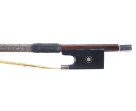 French silver mounted violin bow stamped E. Sartory á Paris, the stick round, the ebony frog inlaid with pearl eyes and with 