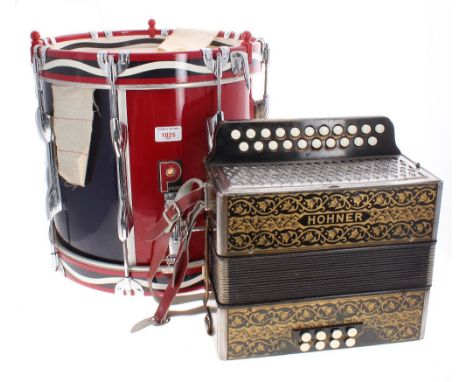 Premier side drum with snare (probably a 97S), the sides painted with a red and royal blue finish, 13.5" skin and 15.5" high 