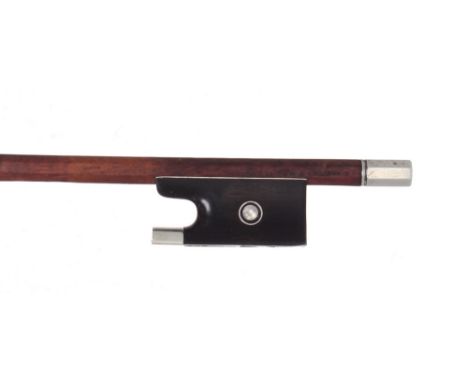 French silver mounted violin bow stamped E. Sartory á Paris, the stick round, the ebony frog inlaid with silver rings enclosi