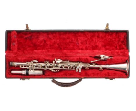 Victory silver plated clarinet, ser. no. 03982, with mouthpiece and lyre music clip, hard case