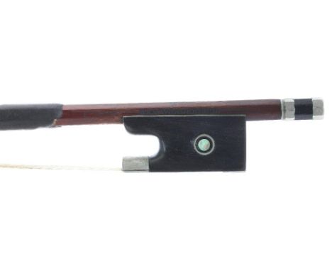 German nickel mounted violin bow by and stamped Max Wunderlich, the stick octagonal, the ebony frog inlaid with nickel rings 