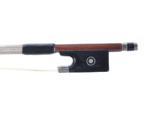 German silver mounted violin bow, indistinctly stamped, the stick octagonal, the ebony frog inlaid with silver rings enclosin