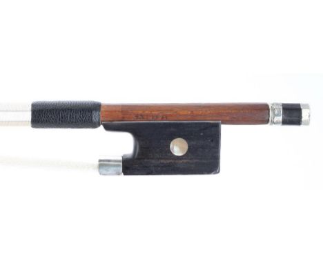 Silver mounted violin bow stamped Maline, the stick octagonal, the ebony frog inlaid with pearl eyes and the ebony adjuster w