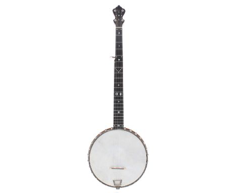 The Windsor Premier Model 3 five string banjo, the maple resonator inlaid with ebony lines, with geometric and dot inlay to t