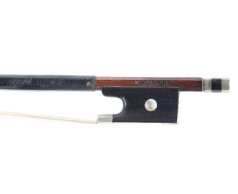 Nickel mounted violin bow by and stamped Wilh. Meinel, the stick round, the ebony frog inlaid with pearl eyes and the ebony a