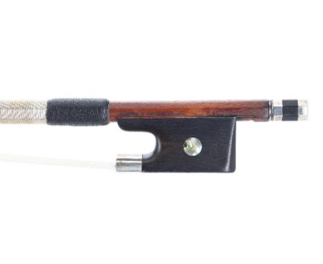 Silver mounted violoncello bow stamped C H Husson á Paris, the stick round, the ebony frog inlaid with pearl eyes and the ebo