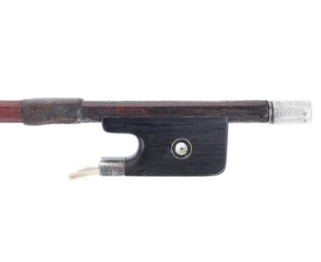 Violin bow branded Collin-Mezin, the stick round, the ebony frog inlaid with rings enclosing pearl eyes and with an overlaid 