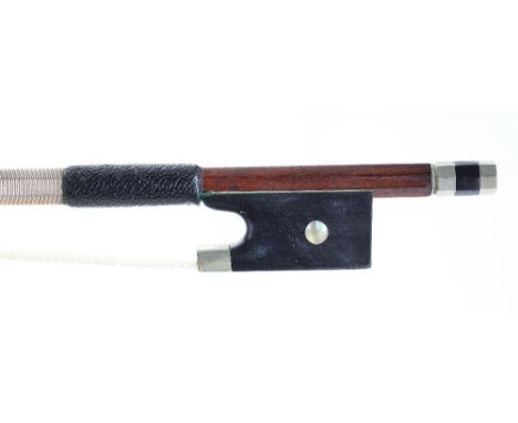 Nickel mounted violin bow, unstamped, the stick round, the ebony frog inlaid with pearl eyes and the ebony adjuster with two 