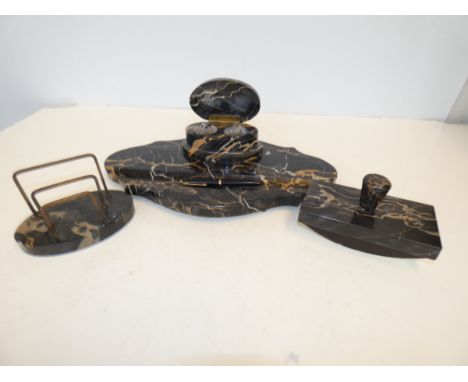 A comprehensive french art deco marble clock set comprising double inkwell and base, a blotter &amp; letter rack Cira 1925 