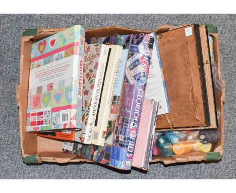 Quantity of assorted books relating to patchwork, sewing and crafts, sewing patterns, silk and other fabric remnants, haberda