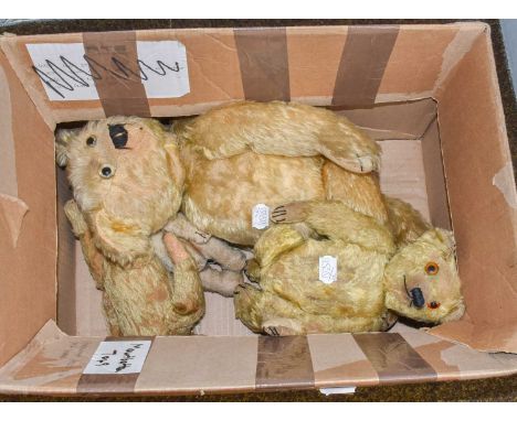 Circa 1950s yellow plush jointed teddy bear with felt paw pads and stitched claws, 46cm; small jointed teddy bear with boot b