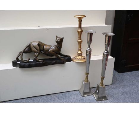 A Modern Pair of Large Silver Plated Candlesticks, A Gilded Candlestick, and A Modern Bronzed Cat (4)
