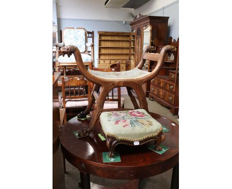 A Empire Style X-Form Stool, with lion mask terminals, carved paw feet and tapestry seat, 74cm by 36cm by 60cm; together with