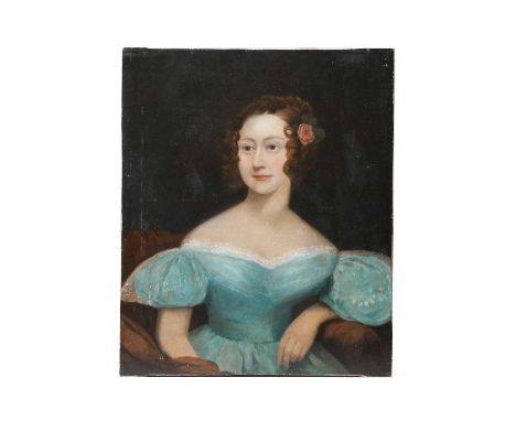 British School (19th/20th century)Portrait of a young girl in a blue dress with a flower in her hairOil on canvas, 76.5cm by 