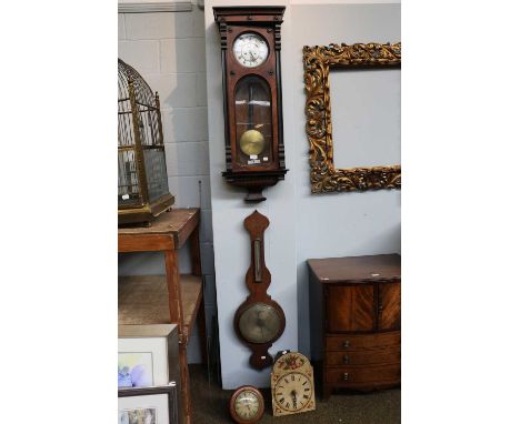 A Wooden Dial Cuckoo Wall Clock, 19th-century wall timepiece, wheel barometer(af), Vienna double weight driven wall clock (4)