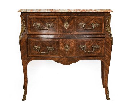 A French Kingwood Bombe Shaped Two-drawer Commode Chest, with variegated pink marble top, ormolu mounts and raised on square 