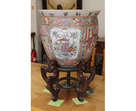 A Large Cantonese Famille Rose Planter, 20th Century, with panels of figures, and to the interior with carp and aquatic weeds
