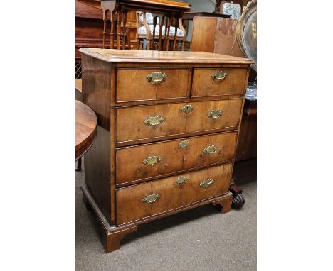 An 18th Century Walnut Straight Front Chest, with cross banded and moulded rectangular top, and raised on bracket feet, 88cm 