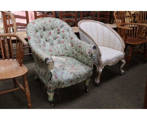 A Victorian Painted Button Back Tub Chair, (a.f) together with a similar example raised on scroll supports (2)