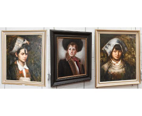 Chinese School (Contemporary)Young girl in traditional Chinese attireIndistinctly signed, oil on canvas, together with a comp