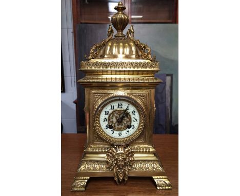 A Brass Striking Mantel Clock, circa 1900, 38cm highSold with pendulum, no key, chaptering with one hair crack, pendulum susp