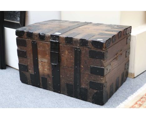 A 19th Century Iron Bound Oak Silver Chest, bearing brass label R &amp; S Garrard &amp; Co., Crown Goldsmiths &amp; Jewellers