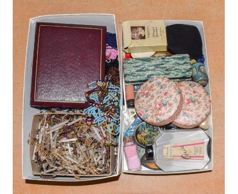 Assorted 1930s and later buckles, leather cased composite sewing set, bead necklaces and loose beads, compact, deco toiletrie