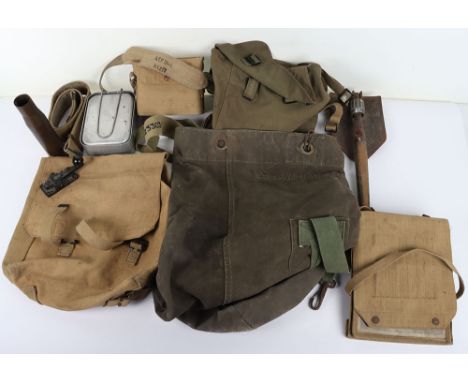 Military Equipment: WW2 1944 map case, 1941 binocular case, WW2 stamped mess tins, kit bag belt ,entrenching tool , bag, shel