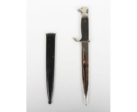 German Miniature Bayonet: Period  letter opener  miniature bayonet with clean blade and black painted metal scabbard, overall