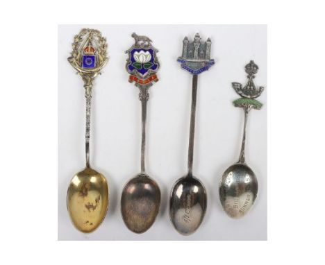 4x British Regimental Spoons, including a fine hallmarked silver and enamel 52nd (Oxfordshire) Light Infantry Sergeants Mess 