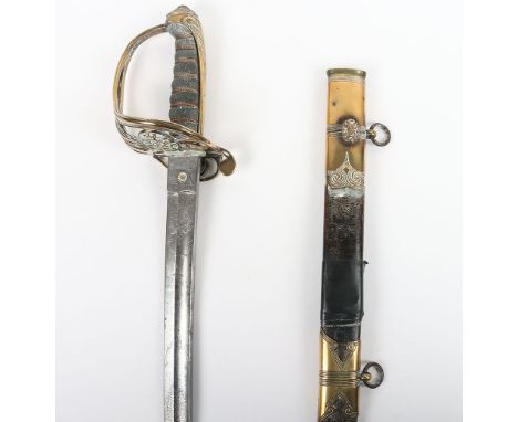 Victorian  1845 Army Infantry Sword: Gilt hilt with VR and crown to centre. Fish skin grip bound with  wire . Slightly curved