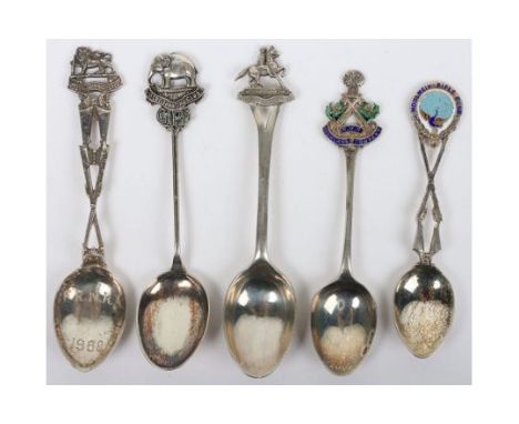 5x Indian Army and Colonial Forces Silver Regimental Spoons, consisting of Moulmein Volunteer Rifles / Rifle Club (Birmingham