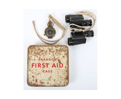 WW2 British First Aid Tin, Compass and Binoculars: Paragon first aid tin with period contents , 1943 dated brass compass on l
