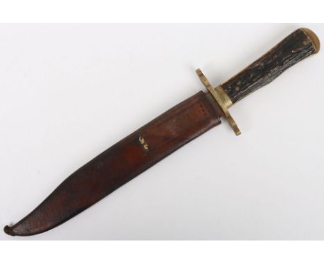 Vintage Bowie Knife: Large Bowie blade 22.5 cms long with Sheffield maker stamped looks like GRANT, brass guard and mounts ,h