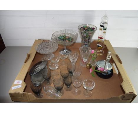 BOX OF MIXED WARES, GALILEO THERMOMETER, DRINKING GLASSES, TAZZA ETC